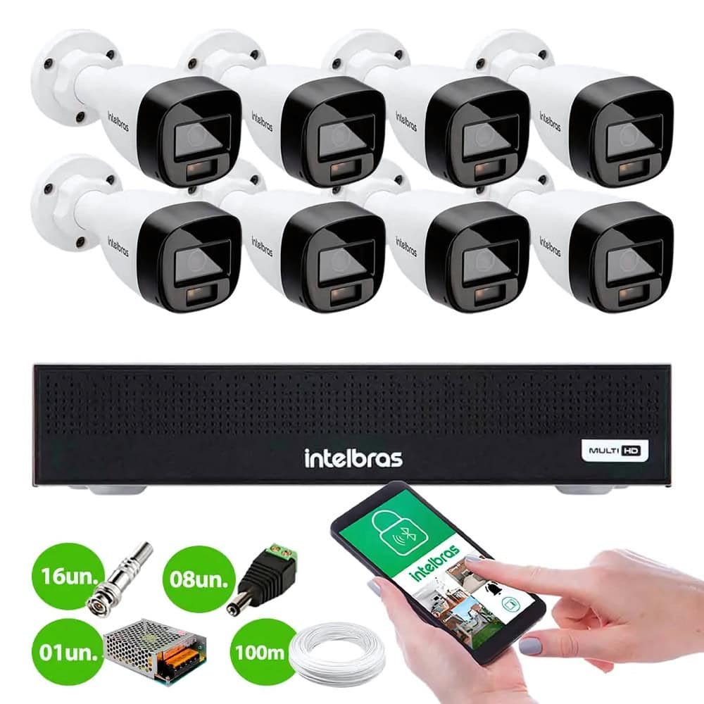 Kit 8 Câmeras Intelbras VHD 1220 B G8 Full Color Bullet Full HD 1080p Multi HD IR 20m + Dvr Intelbras MHDX 1108-C 8 Canais