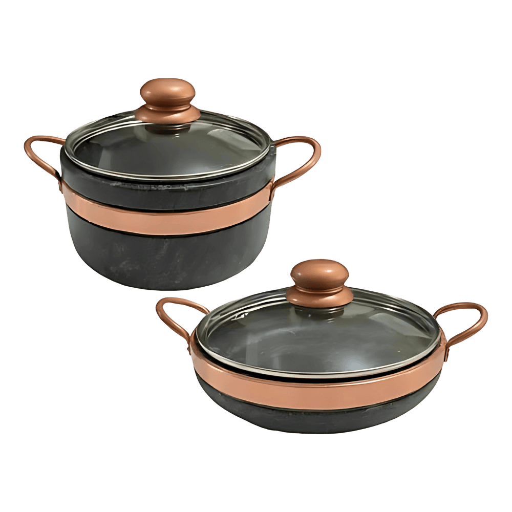 Frigideira + Panela de Pedra Sabão com tampas de vidro com pegador exclusivo