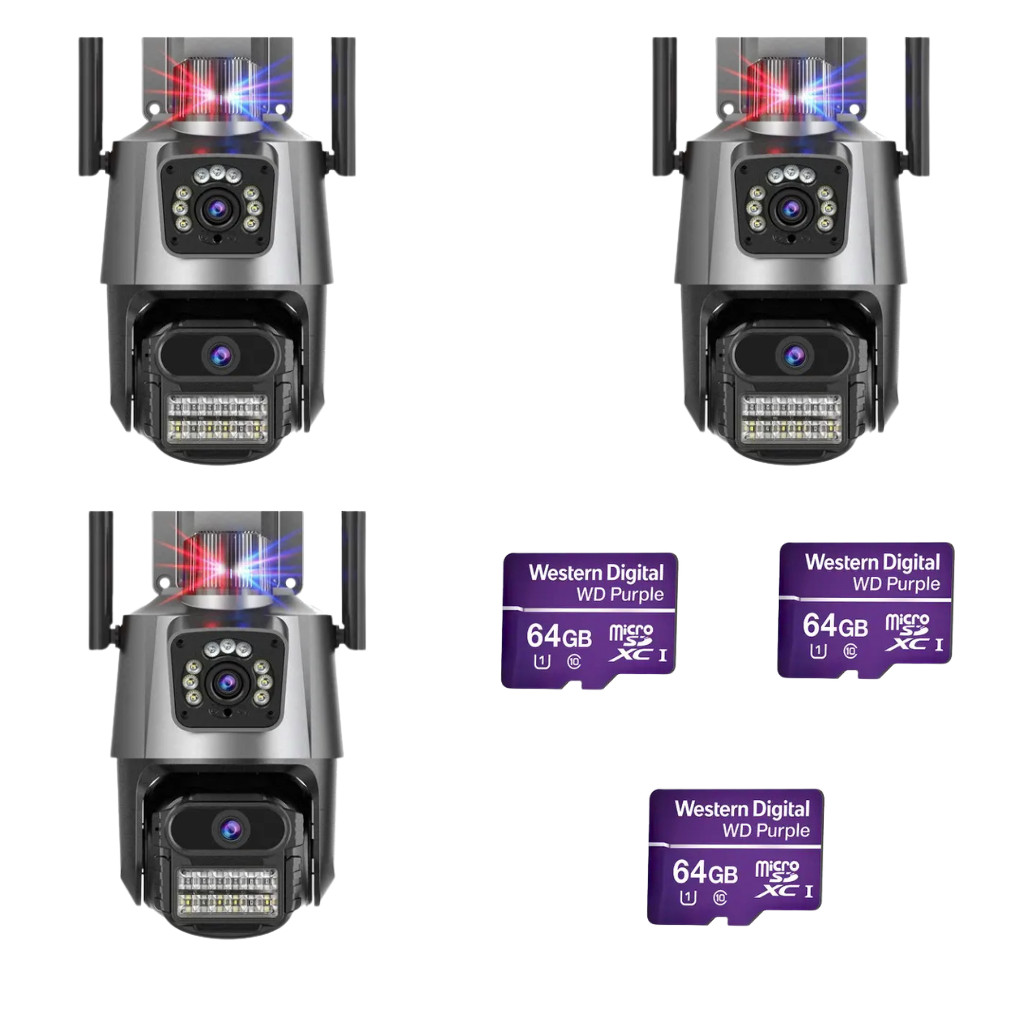Kit 3x Câmera de Segurança Inteligente P11 Wi-Fi 4K | Dupla Lente PTZ + Fixa | Giro 360° | Visão Noturna Colorida | Áudio Bidirecional | Detecção Humana & Luz Alerta – Compatible com Alexa e Google Home + 3 Cartão de 64GB